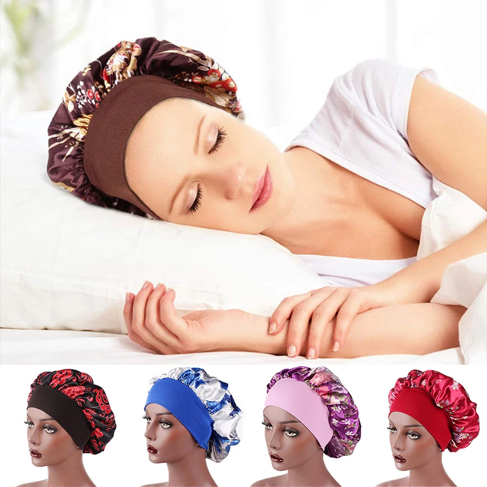 Showlu Fashion satin sleep bonnet for women with elastic wide band, designed for hair care and night sleep protection.
