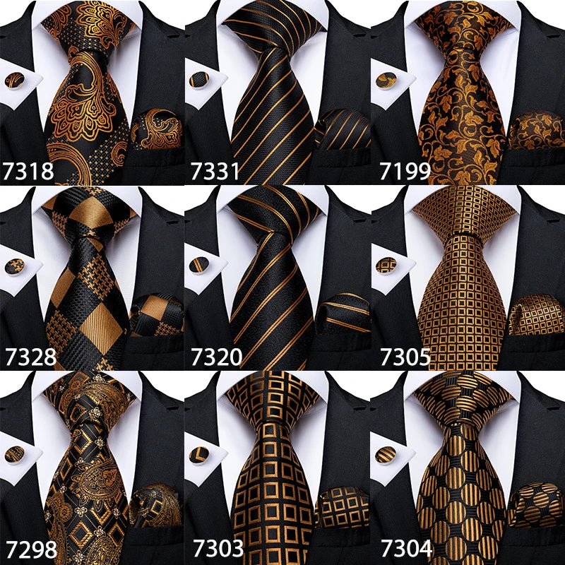 Gift Men Tie Luxury Gold Black Striped Paisley Silk Wedding Tie For Men DiBanGu Designer Hanky Cufflinks Fashion Tie Set