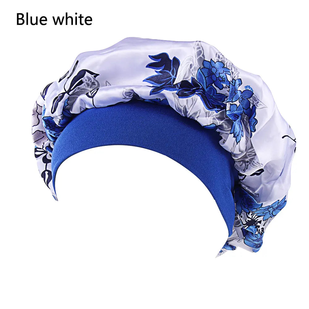 Elegant satin women's sleep bonnet with wide elastic band, ideal for hair care, sleep, and chemo hair loss coverage.