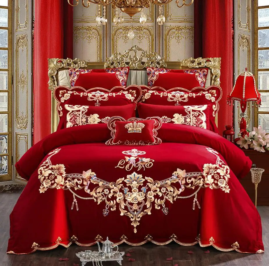 Red Chinese Style Wedding Embroidery Duvet Cover Bed Sheet Set Cotton Solid Princess Bedding Set Luxury Romantic Girls Bed Cover
