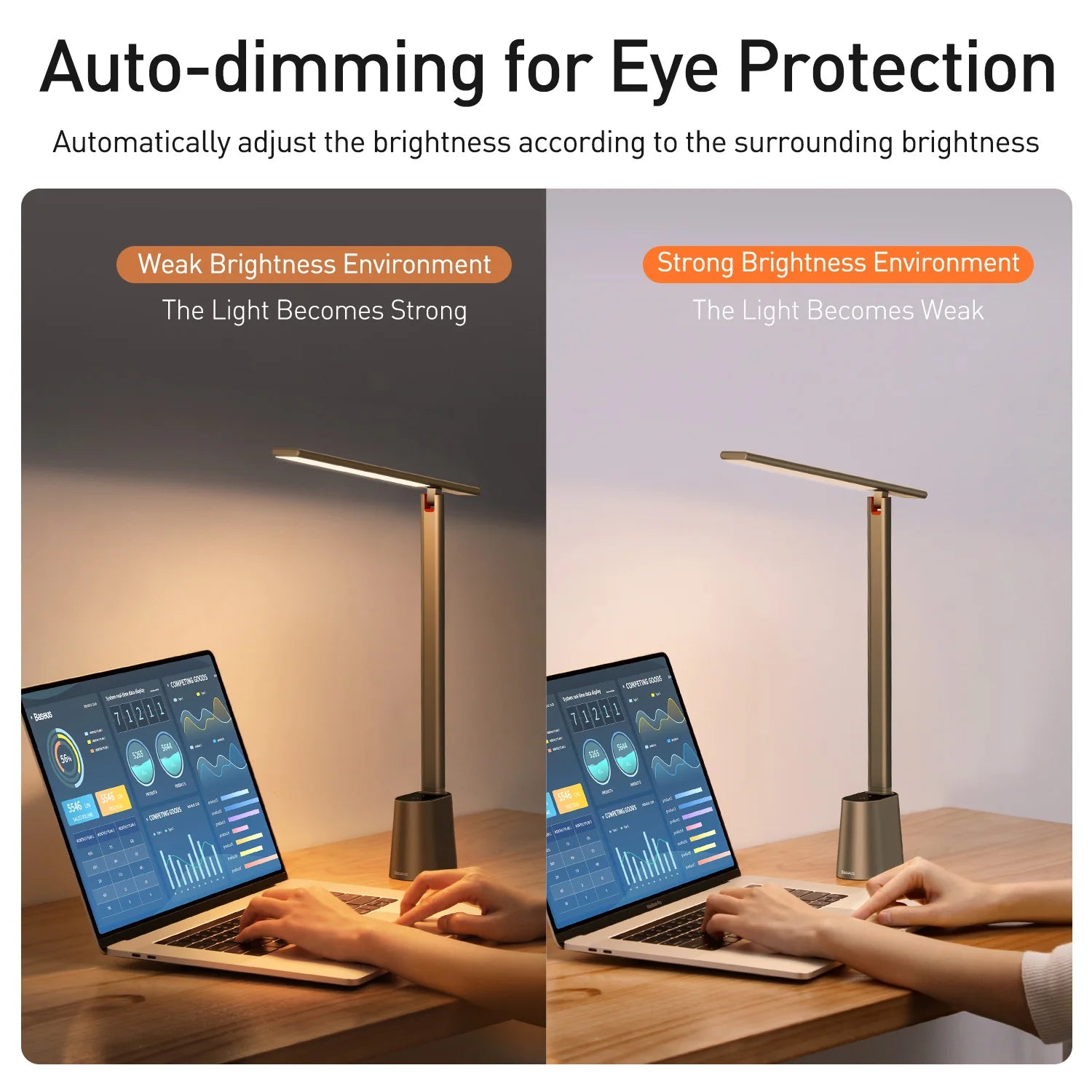 Baseus Smart Rechargeable Desk Lamp with adjustable arm and warm LED light, perfect for reading or working at a desk.