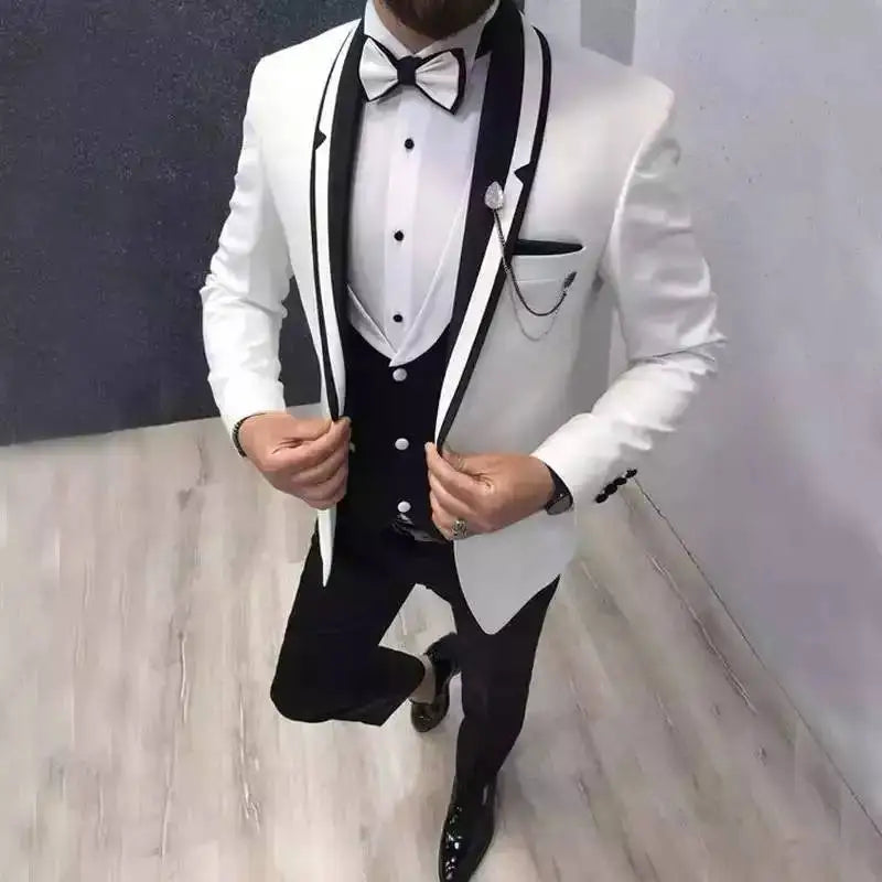Black men's tuxedo suit with shawl lapel, wool blend blazer and matching trousers, stylish formal attire for men.