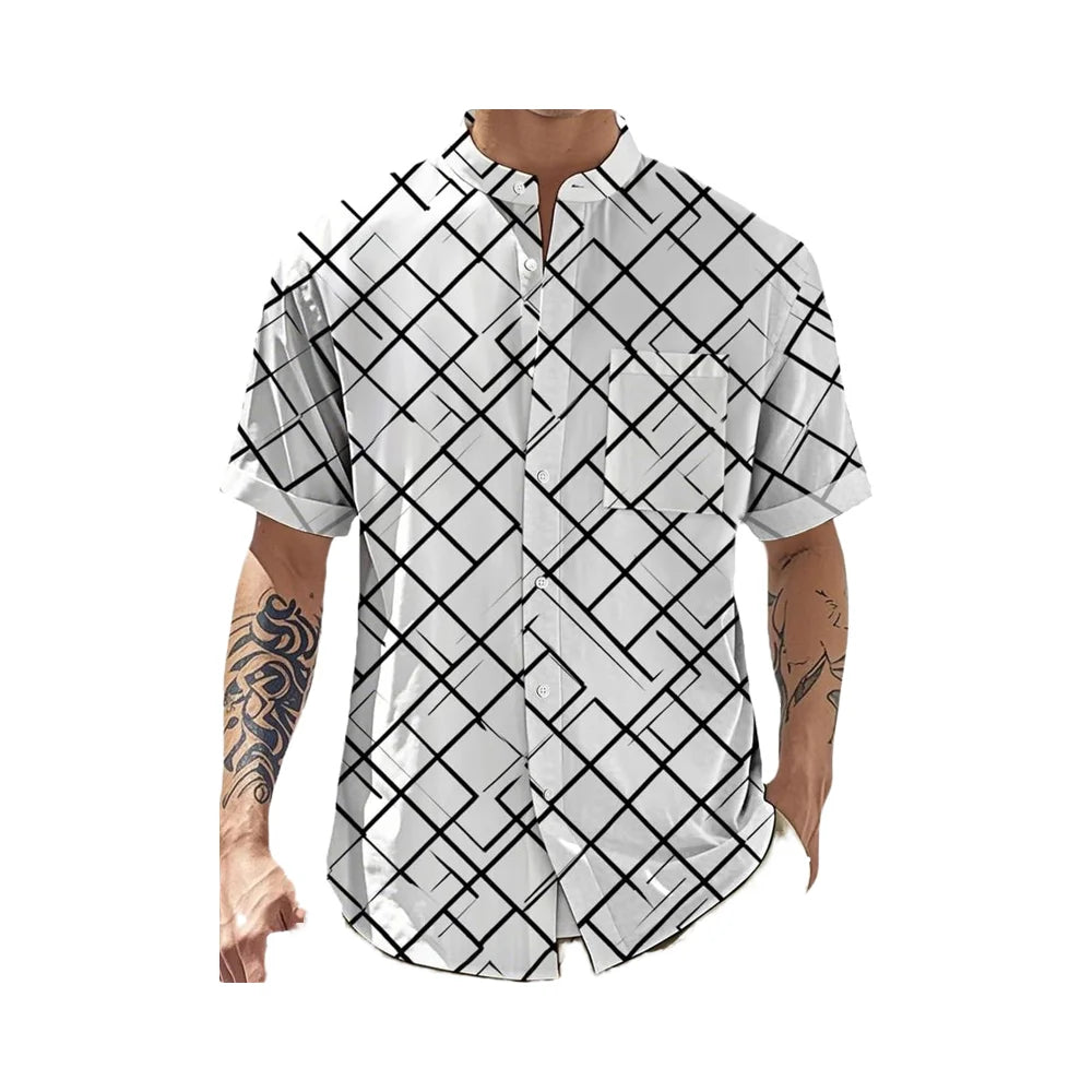 Casual men's short sleeve button-down shirt with abstract geometric print, mandarin collar, chest pocket, loose fit, made of 100% polyester.