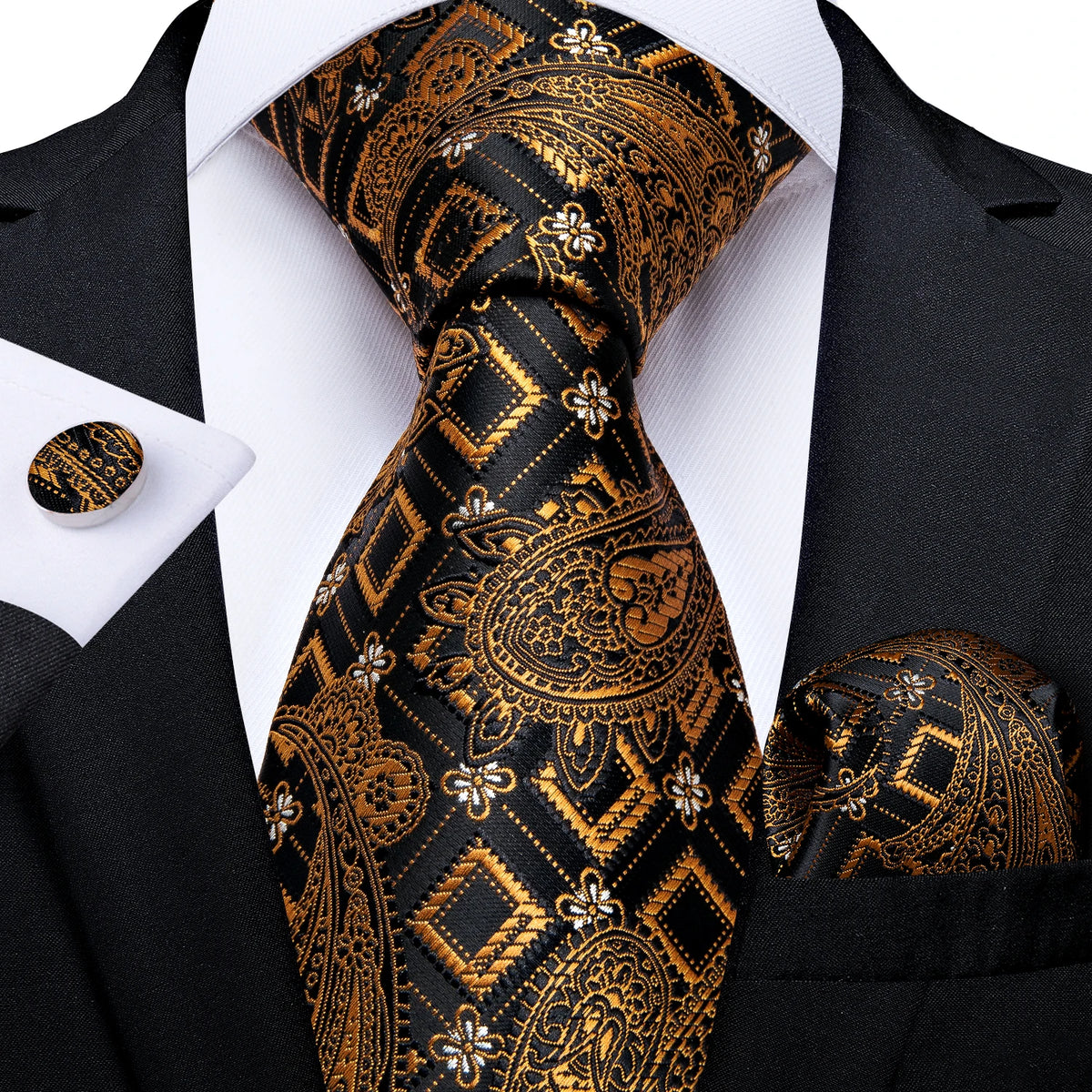 Gift Men Tie Luxury Gold Black Striped Paisley Silk Wedding Tie For Men DiBanGu Designer Hanky Cufflinks Fashion Tie Set