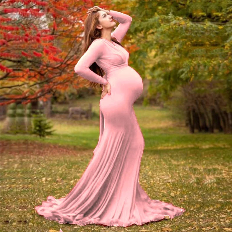 SHOWLU V-neck long sleeve maternity dress for photography and baby shower, featuring comfortable fabric and elegant design.