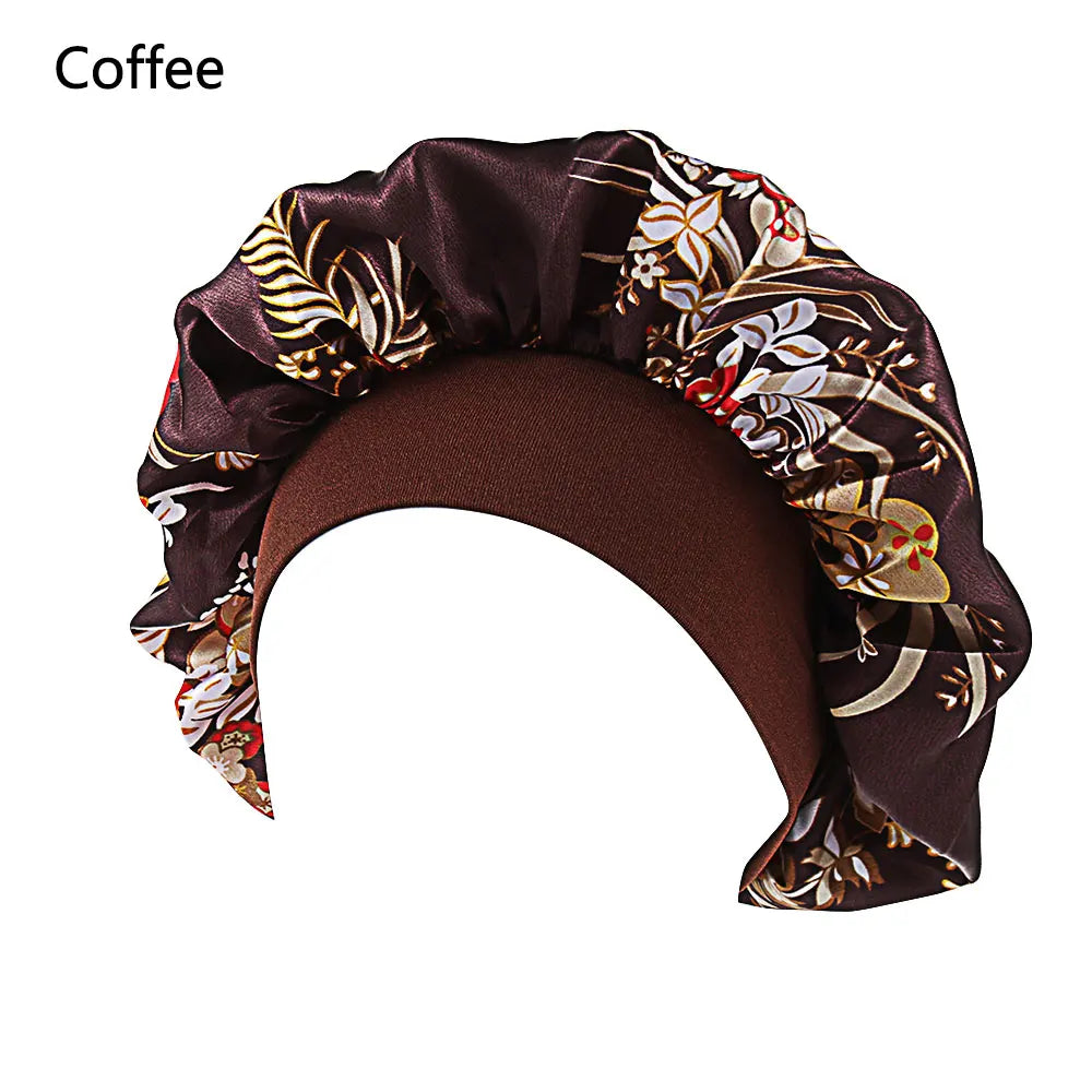 Showlu Fashion satin women's sleep bonnet with elastic wide band, ideal for hair protection and night hair care.