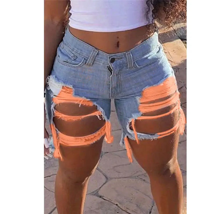 SHOWLU Women's ripped denim shorts featuring high street style, sexy cotton jean design, casual summer summer wear