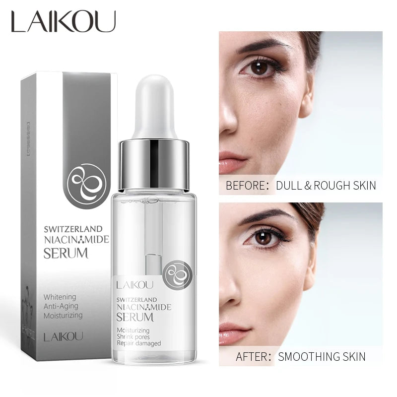 LAIKOU Nicotinamide Serum bottle for face, featuring moisturizing, anti-aging, and pore-shrinking skincare benefits.