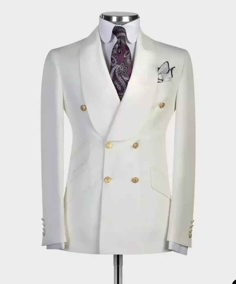 Men's white double-breasted wedding suit by Showlu Fashion, tailored with TR fabric, displayed on a mannequin.