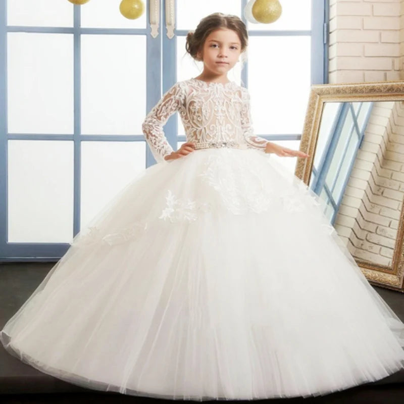 White flower girl dress with lace appliqué and beaded details, first communion gown by Gdybao from Showlu Fashion Store.