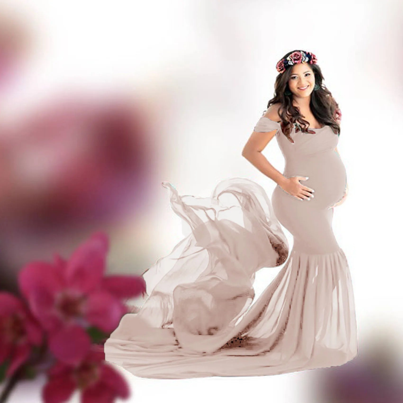 Shorha chiffon maternity photography dress with v-neck lace design, elegant pregnancy gown for photoshoots, SHOWLU FASHION STORE