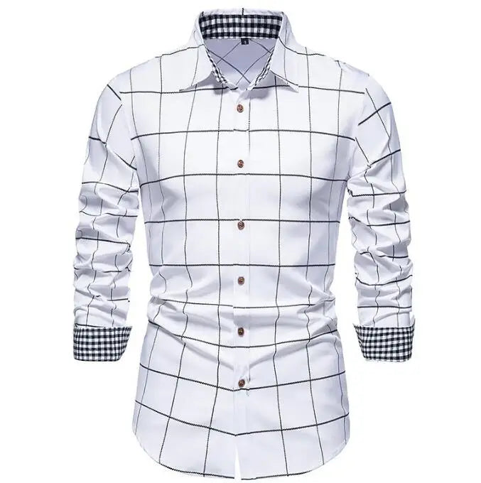 Men's plaid long sleeve casual shirt from Showlu Fashion with a cotton blend cardigan, featuring a classic checkered pattern.