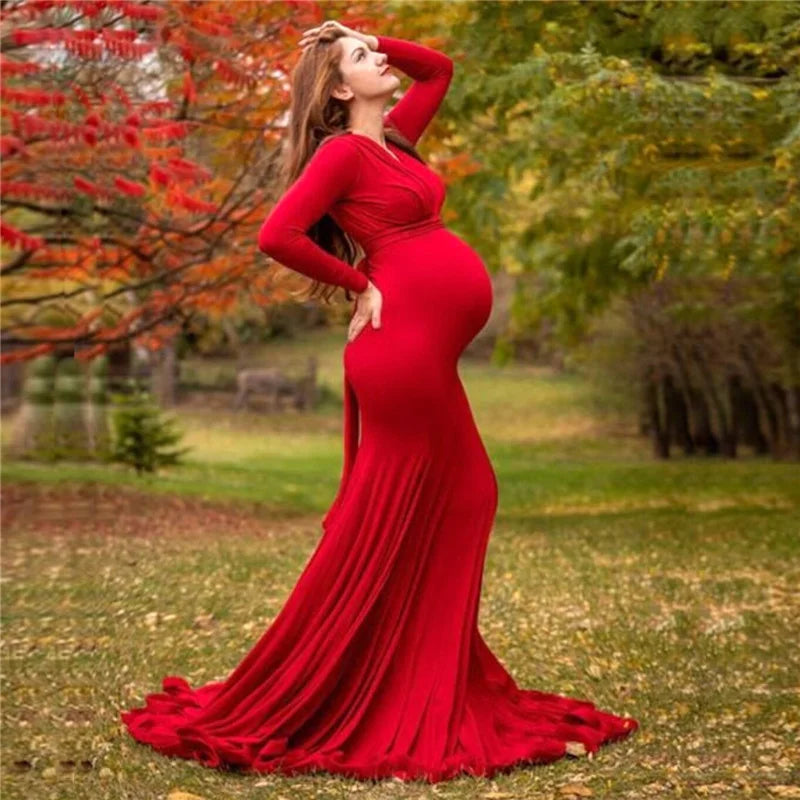 SHOWLU V-neck long sleeve maternity dress, perfect for photography and baby showers, featuring comfortable fabric and elegant design.