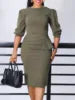 Showlu Fashion Store Ohisa round neck pleated knee-length office dress with half sleeves, showcasing a stylish and professional design.
