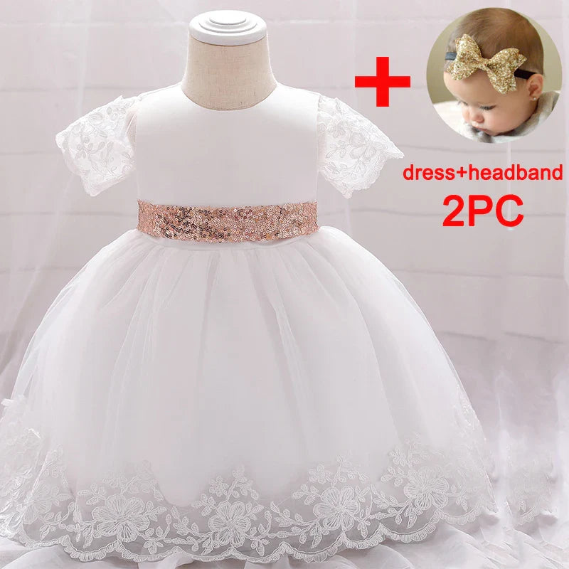 Baby girl sequin bow princess dress by SHOWLU FASHION STORE, newborn baptism and birthday gown with sequined bodice and tulle skirt.