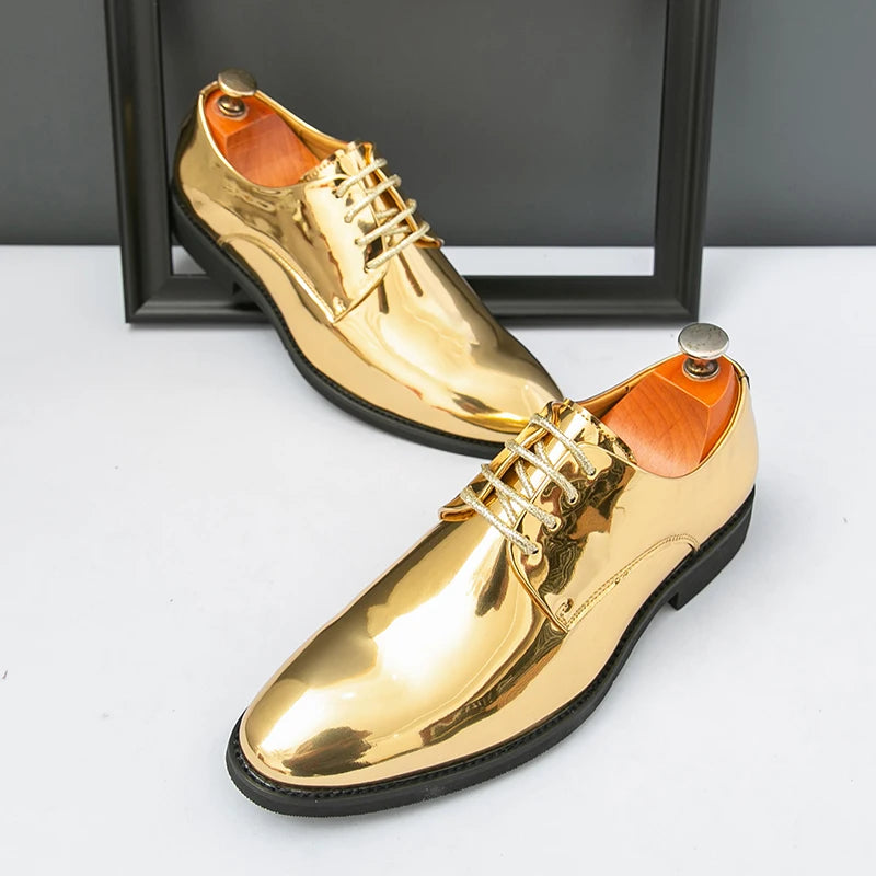 Men's mirror derby shoe by Showlu Fashion, pointed toe lace-up Oxford dress shoe for business and wedding occasions.