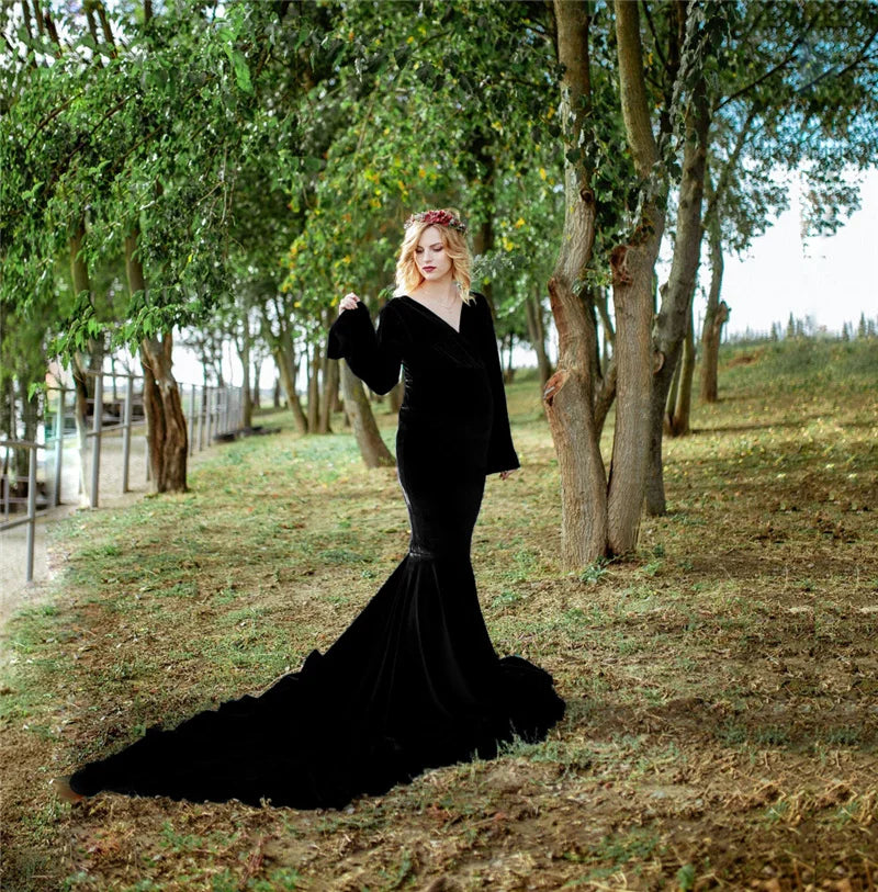 Lace maternity gown by Showlu Fashion Store, long sleeve maxi dress for pregnant women, ideal for pregnancy photoshoots.