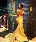 Yellow satin mermaid evening gown by SHOWLU FASHION STORE with beaded details, elegant Arabic-inspired prom dress, full-length view