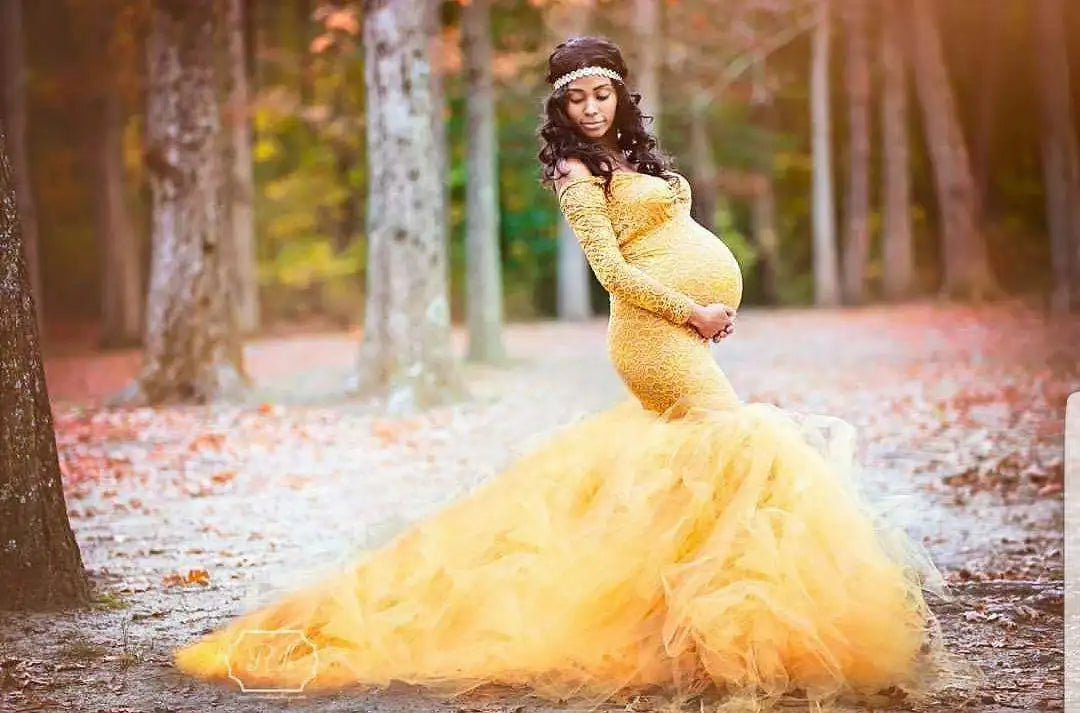 Lace maternity gown maxi dress by Showlu Fashion Store, long sleeve pregnancy dress for photoshoots and comfortable maternity wear