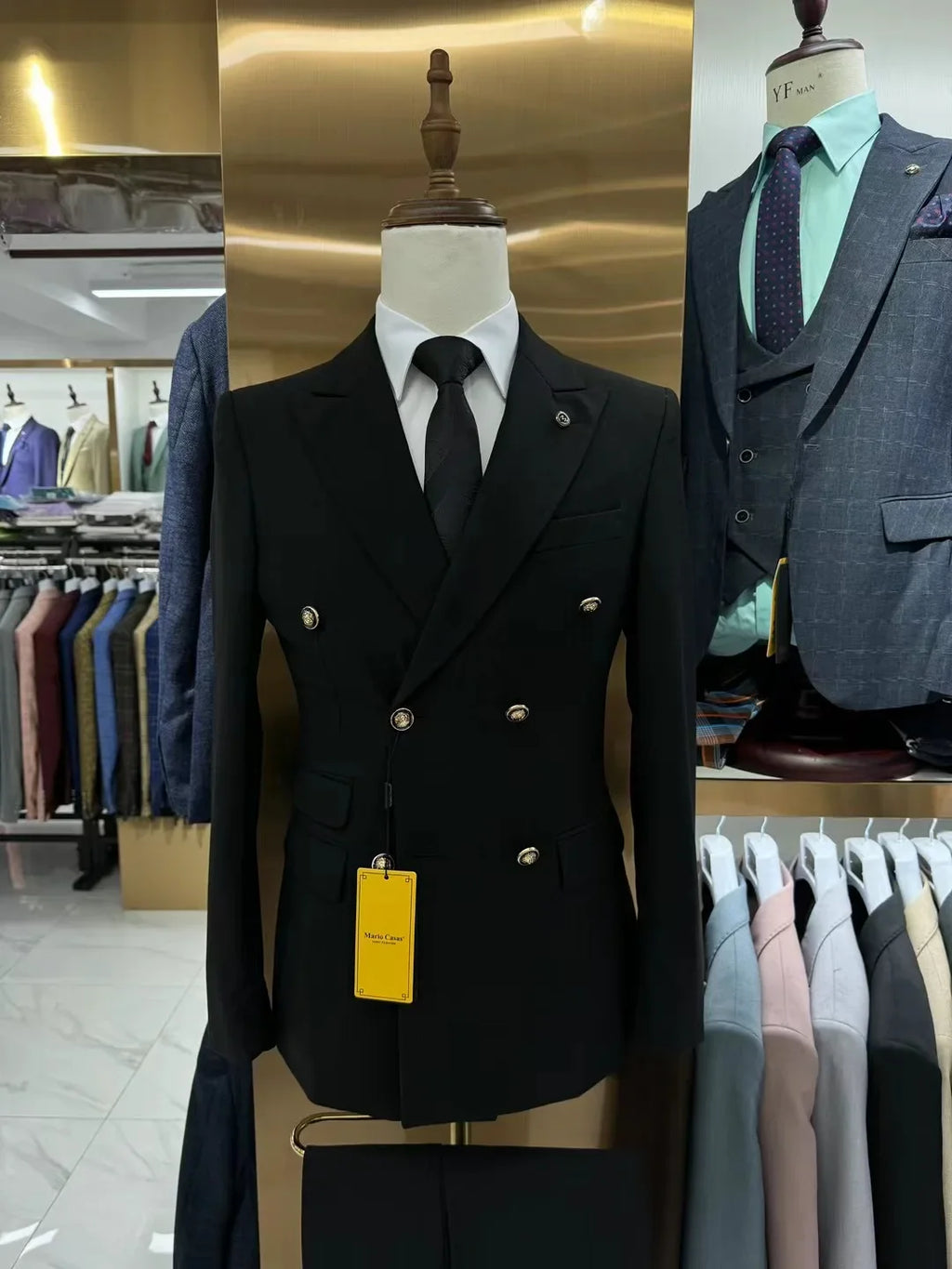 Men's slim fit double-breasted business suit by SHOWLU FASHION STORE, made of cotton, featuring a classic 2-piece design.