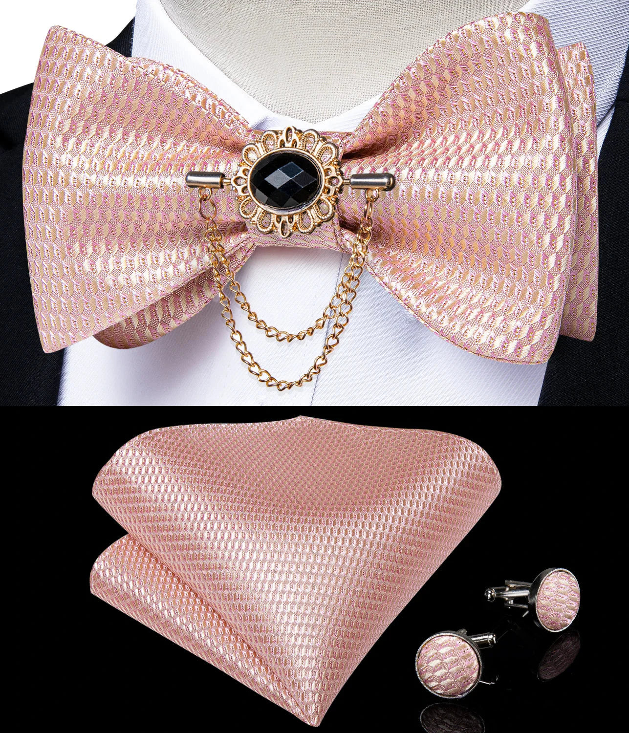 Pink plaid silk bow tie set with brooch and hanky, stylish self-tie accessory by SHOWLU FASHION STORE