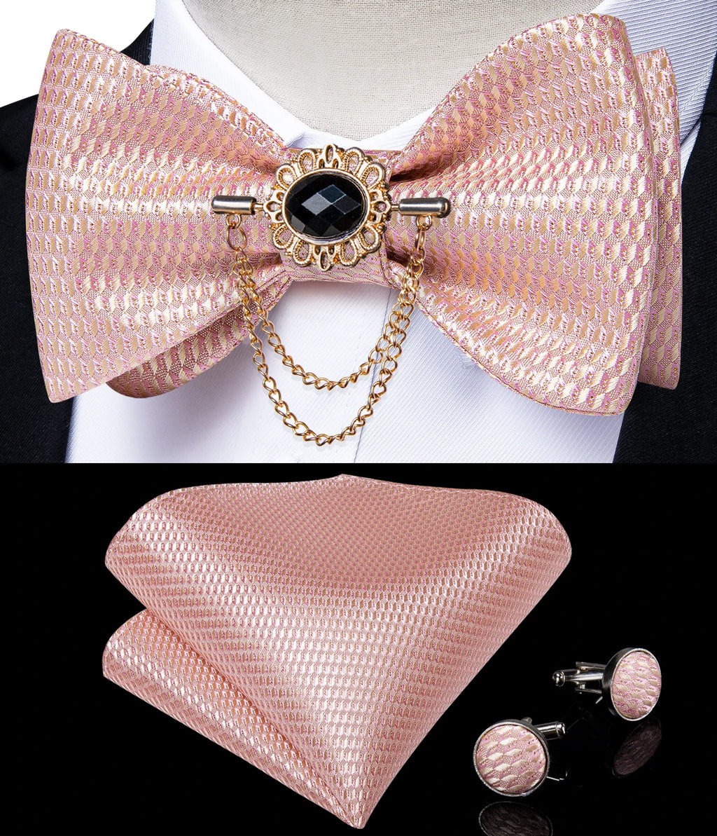 Pink solid bow tie set for men with matching pocket square and cufflinks, ideal for wedding attire by Showlu Fashion Store.