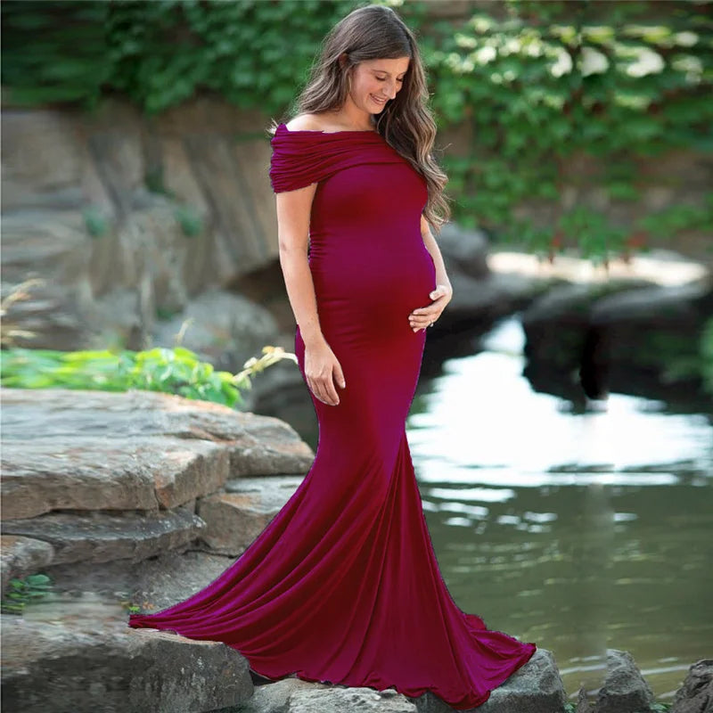 Lace maternity gown by Showlu Fashion Store, long sleeve pregnancy dress for photoshoots, elegant maxi dress for pregnant women.