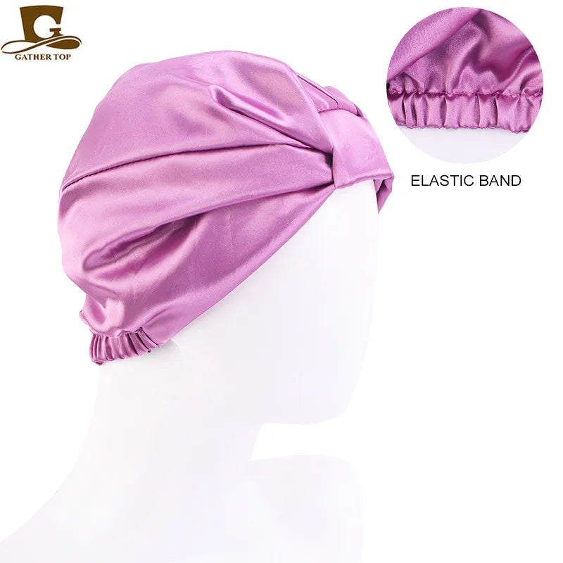 Silky satin sleeping bonnet cap for women with double layer and knotted headband, ideal for chemo, nursing, or hair protection.