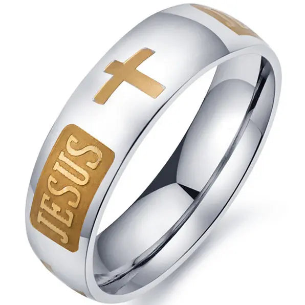 Unisex Mango Sky Titanium Steel Christian Cross Bible Ring with 8mm band, featuring a detailed Christian cross design.