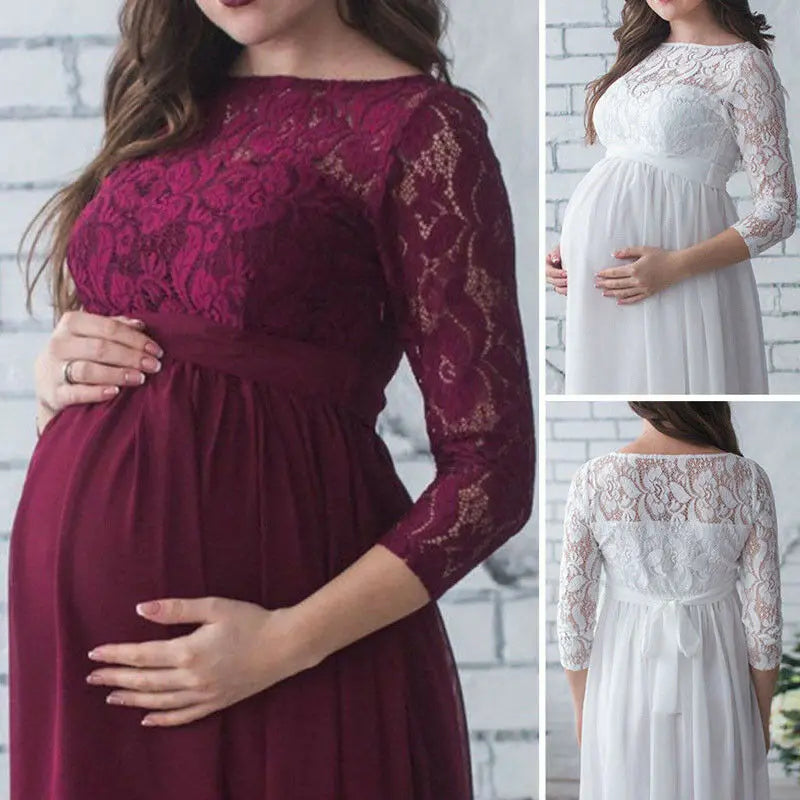 Elegant floral chiffon maternity photography dress by SHOWLU FASHION STORE, featuring lace details for a beautiful photo shoot gown.
