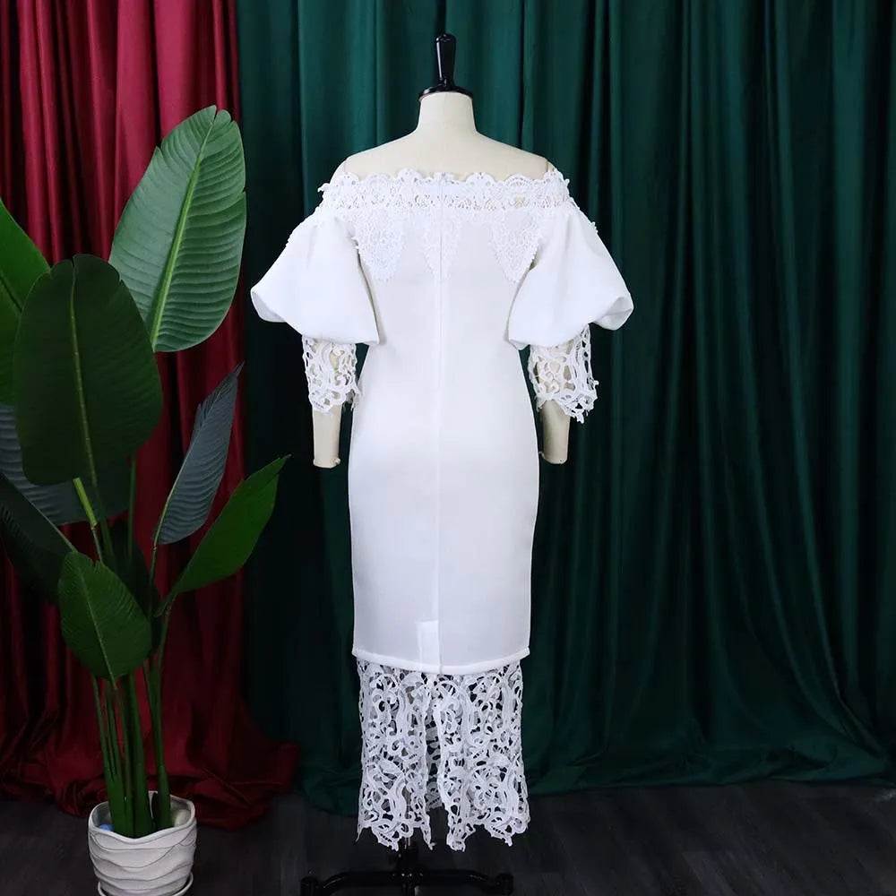 Women’s white lace bodycon mesh dress with patchwork, half sleeves, elegant office and party style by Showlu Fashion Store