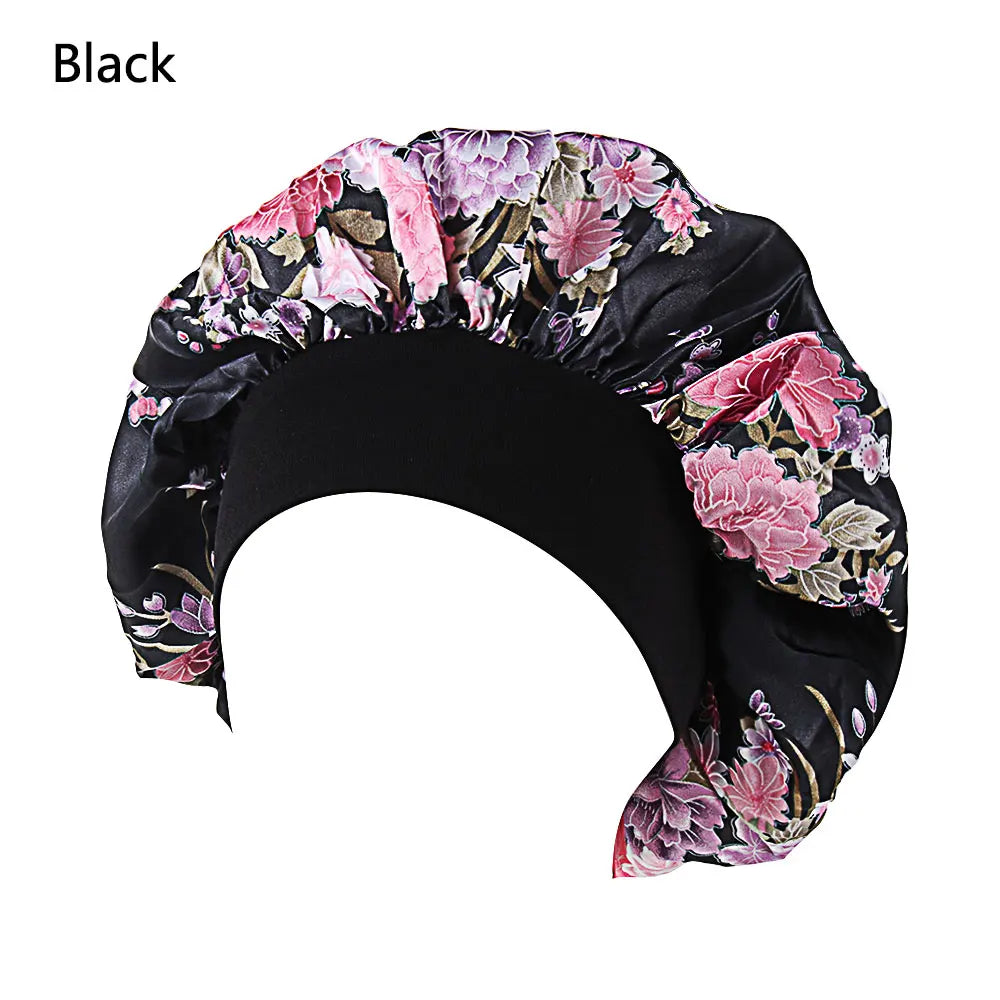 Satin women's sleep bonnet with wide elastic band, designed for hair care, hair loss coverage, and comfortable nightwear.
