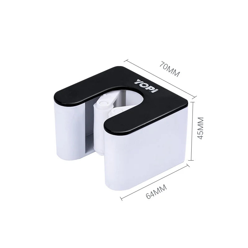 Wall mounted broom holder by Showlu Smart General, showing a durable plastic rack with hooks for organizing brooms and cleaning tools.