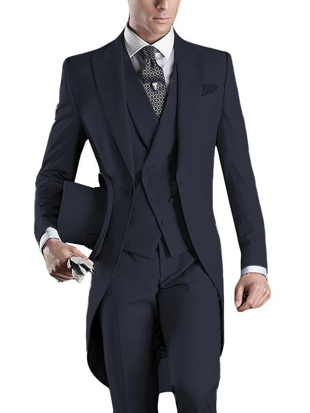 Men's slim fit wedding tuxedo suit with peaked lapel, three-piece design, shown in black from SHOWLU FASHION STORE