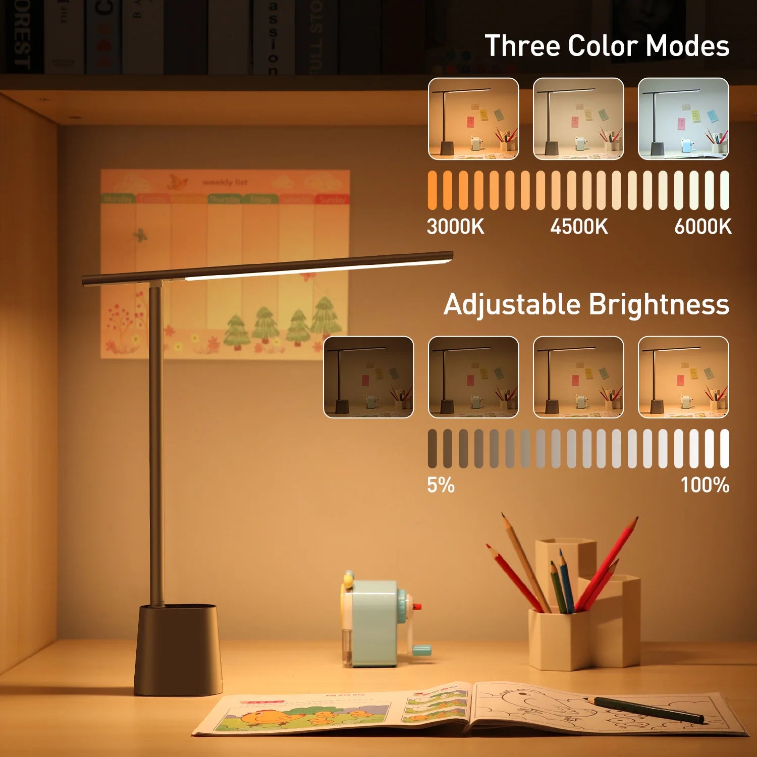 Smart rechargeable desk lamp by Baseus with adjustable arm and warm LED light for reading and workspace illumination.