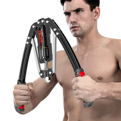 A man holds a black and red hydraulic power twister arm exerciser in front of his chest.