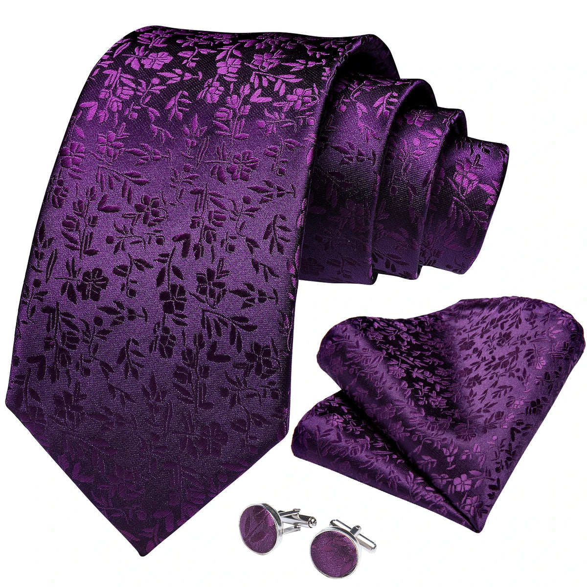 DiBanGu Ties For Men Purple Floral Paisley Necktie Business Formal 100% Silk Tie Pocket Square Set For Wedding Party Cravat