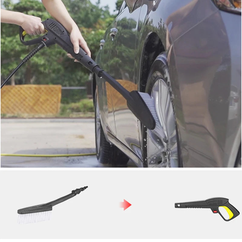 Showlu Smart General rotating pressure washer brush with blue bristles and durable plastic handle for cleaning outdoor surfaces.