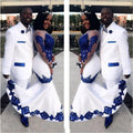 Customized  Mermaid African Wedding Dresses Royal Blue Appliques Long Illusion Sleeves Formal Gowns Pageant Bridal Gowns