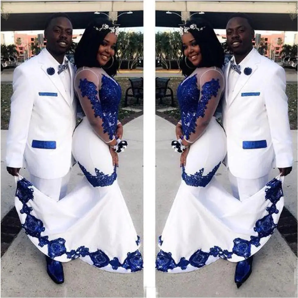 Customized  Mermaid African Wedding Dresses Royal Blue Appliques Long Illusion Sleeves Formal Gowns Pageant Bridal Gowns