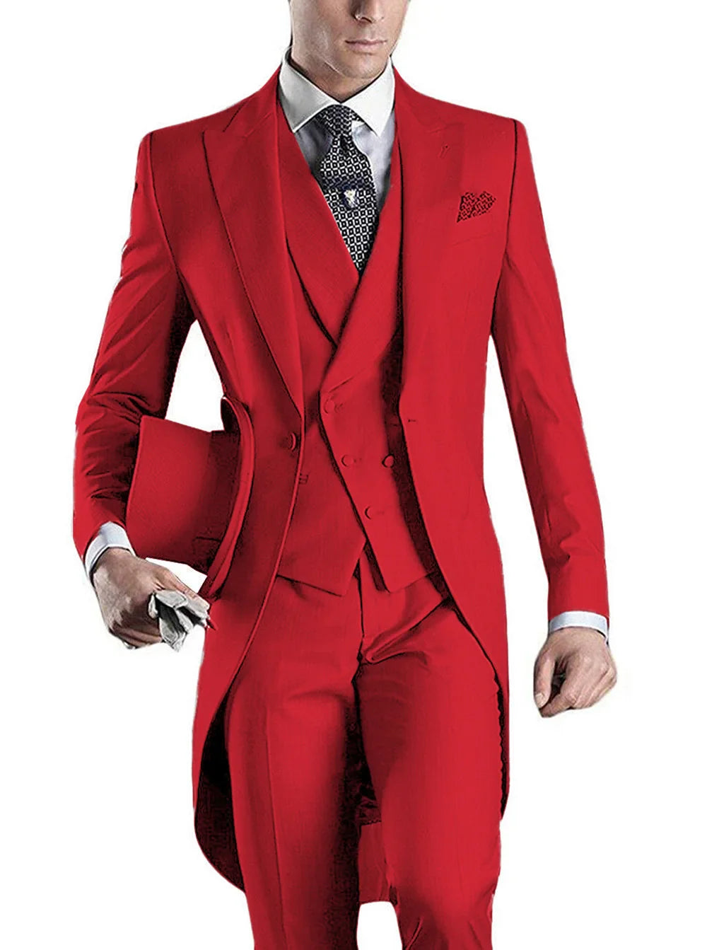 Men's black 3-piece slim fit tuxedo with peaked lapels, designed for weddings, by SHOWLU FASHION STORE.