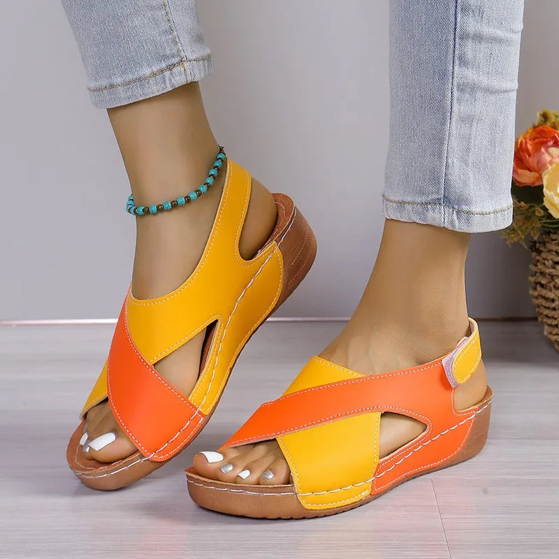 SHOWLU Women's cowhide leather wedge sandals with open toe design, perfect for summer casual wear.