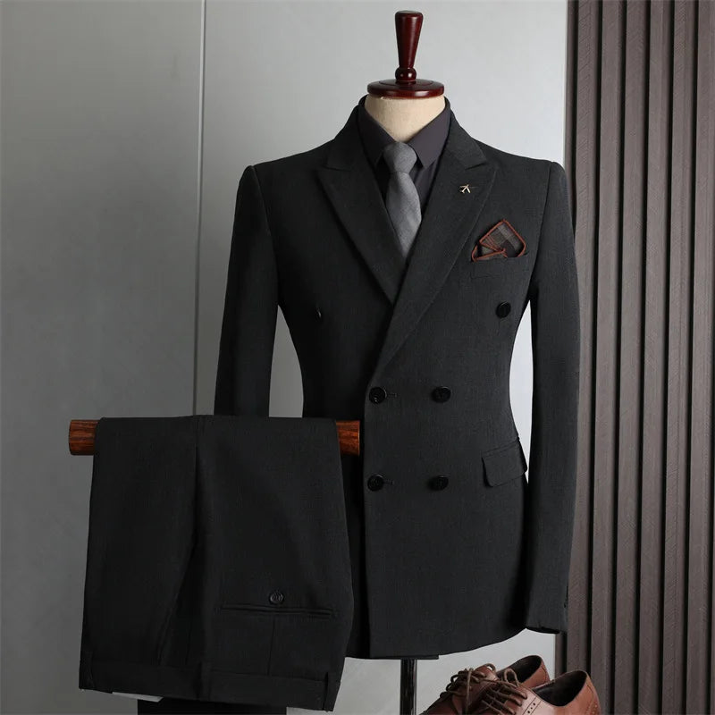 Men's slim fit double-breasted business suit from SHOWLU FASHION STORE, 2-piece set, with tailored jacket and matching trousers.