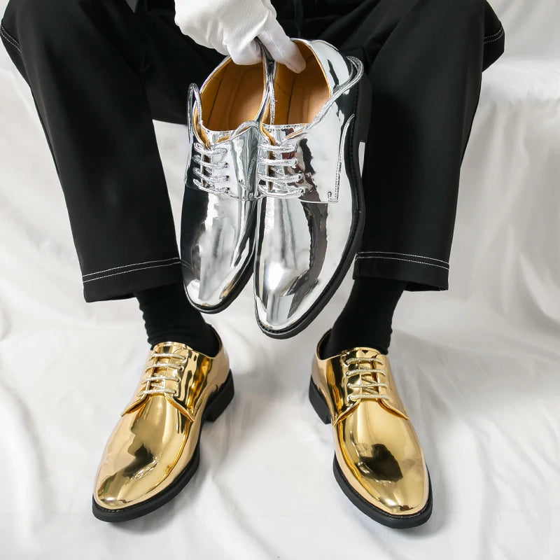 Men's large size Mirror Derby Oxford shoe with pointed toe and lace-up design, ideal for business or wedding occasions.