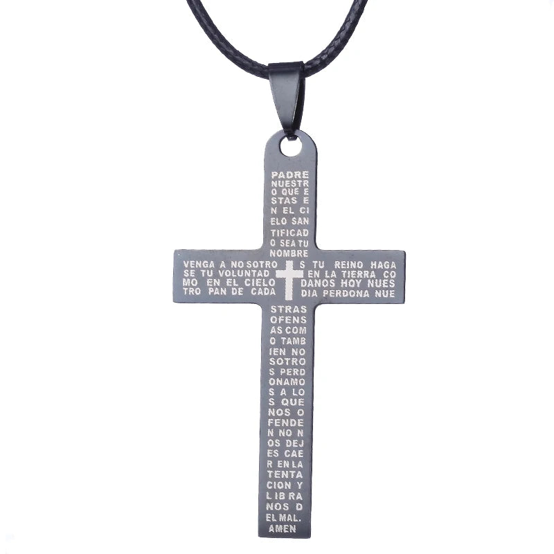 Showlu stainless steel Bible cross pendant necklace for men and women, featuring a detailed religious cross design.