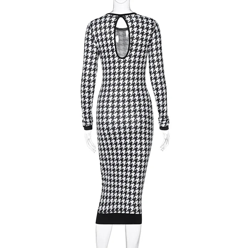 Houndstooth print women's long sleeve midi dress by Showlu Fashion, featuring a hollow out bodycon style for autumn winter streetwear.