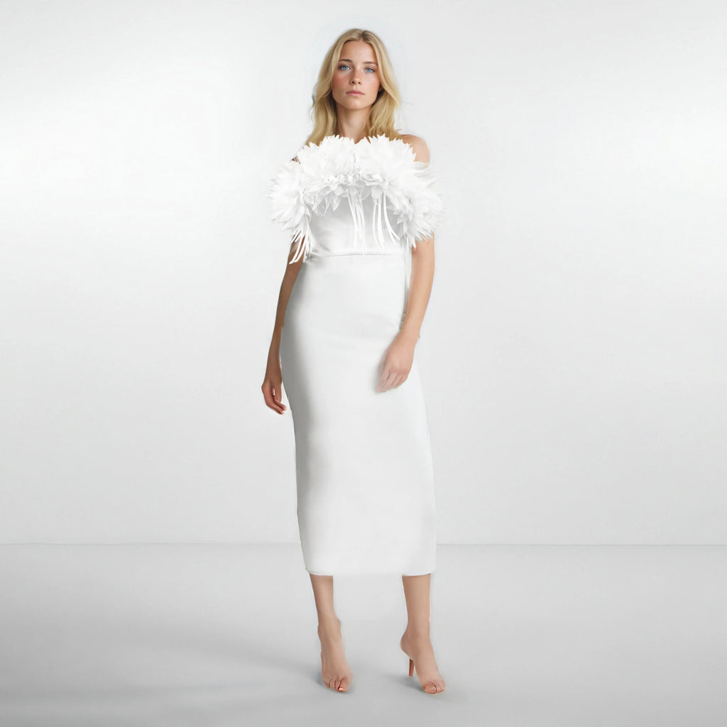 Showlu Fashion white 3D flower maxi dress featuring a slim, elegant mermaid gown silhouette with intricate floral detailing.