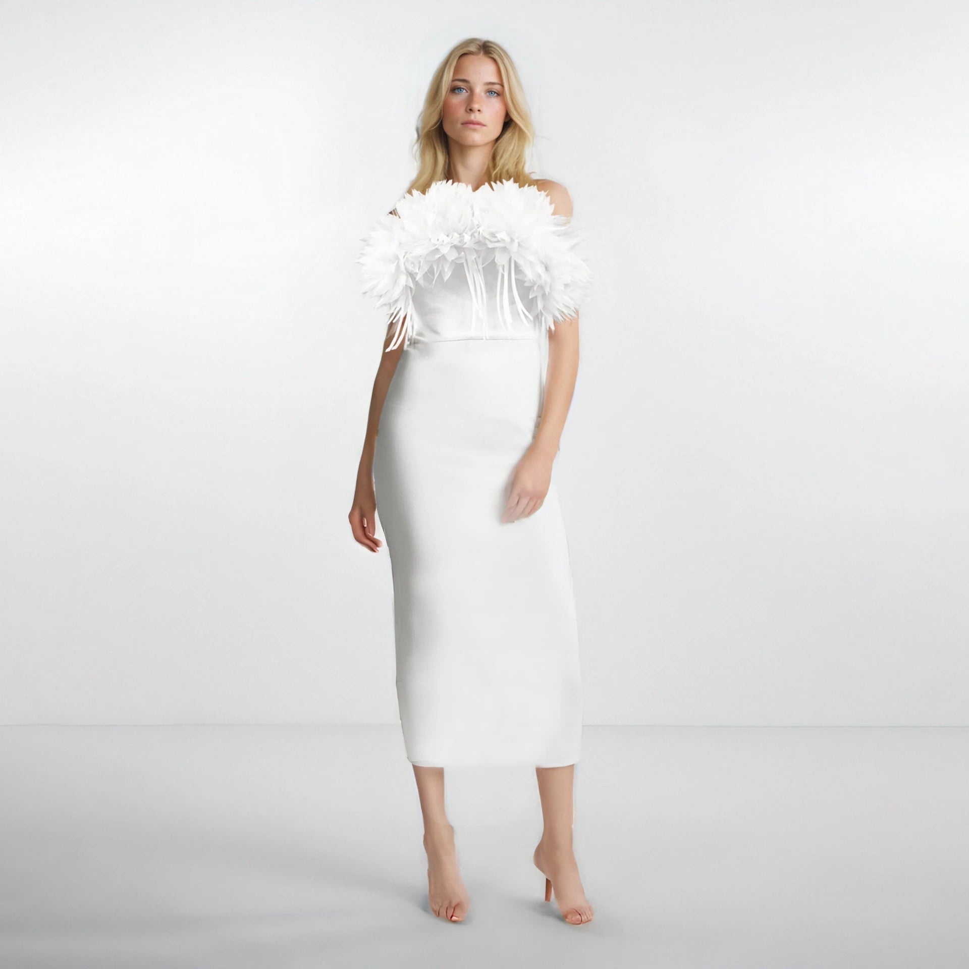 Showlu Fashion white 3D flower maxi dress featuring a slim, elegant mermaid gown silhouette with intricate floral detailing.