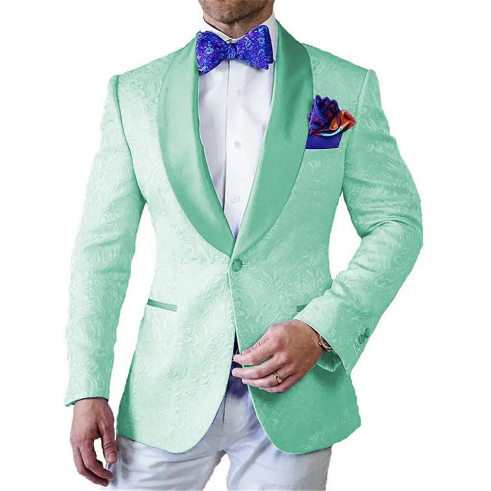 Men's white jacquard tuxedo from Solovedress by SHOWLU FASHION STORE, 2-piece slim fit wedding suit, detailed fabric pattern.