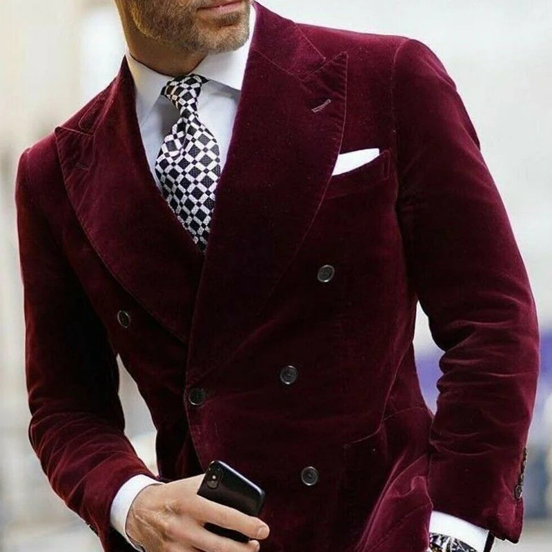 Men's burgundy velvet blazer with double-breasted design, elegant dinner jacket for formal occasions, from Showlu Fashion Store.